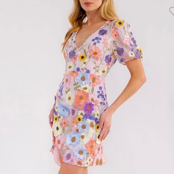 MOST LOVED Dresses & Skirts - WOMEN'S 3D FLORAL BODYCON MINI DRESS WITH PUFF SLEEVES